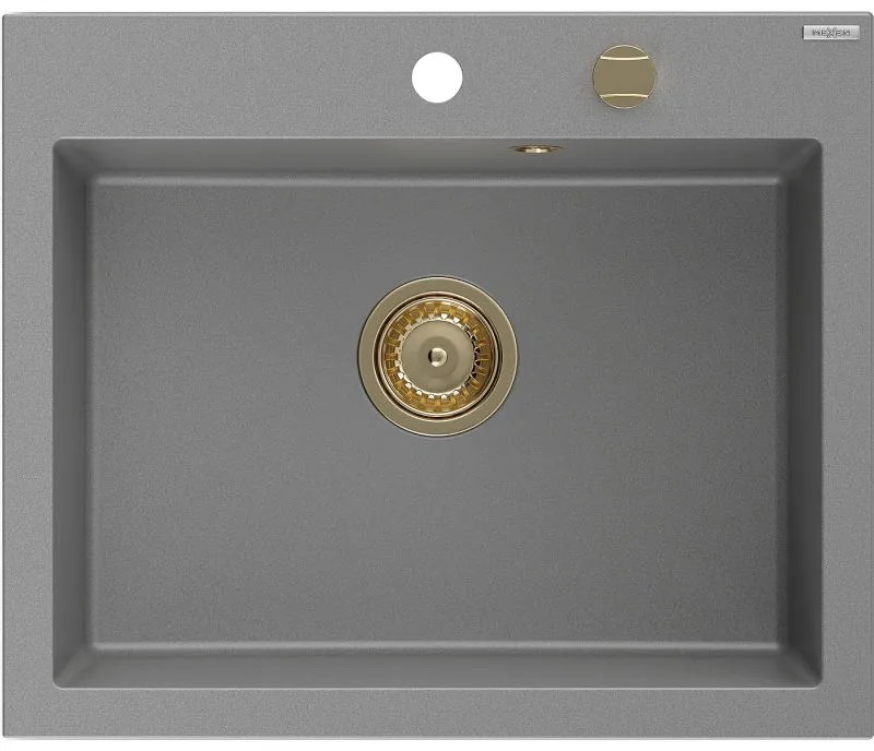 Mexen Elix, 1-komorový granitový drez 600 x 500 mm, sivý, zlatý sifón - 6525601005-71-G