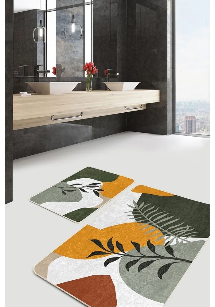 Zelené zamatové kúpeľňové predložky v súprave 2 ks 60x100 cm Illustrated Autumn – Mila Home