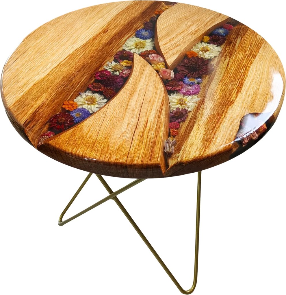 Konferenčný stolík z dubu s kvetmi zapustenými do živice 60 cm