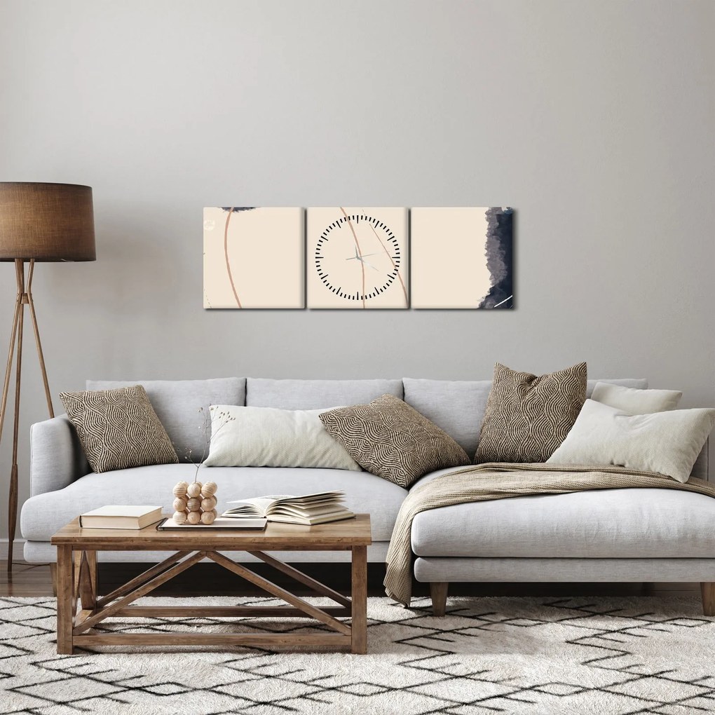 Obraz - Béžová abstrakcia (s hodinami) (90x30 cm)