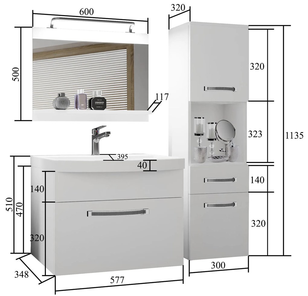 Kúpeľňový nábytok Belini Premium Full Version šedý lesk + umývadlo + zrkadlo + LED osvetlenie Glamour 45 GLA P 3/0/W/S/0/MB/PP