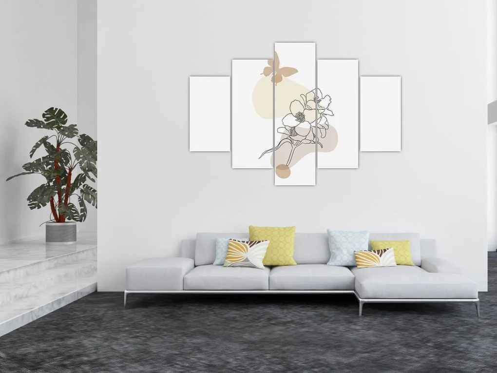 Obraz - Béžové kvety s motýľom N⁰3 (150x105 cm)