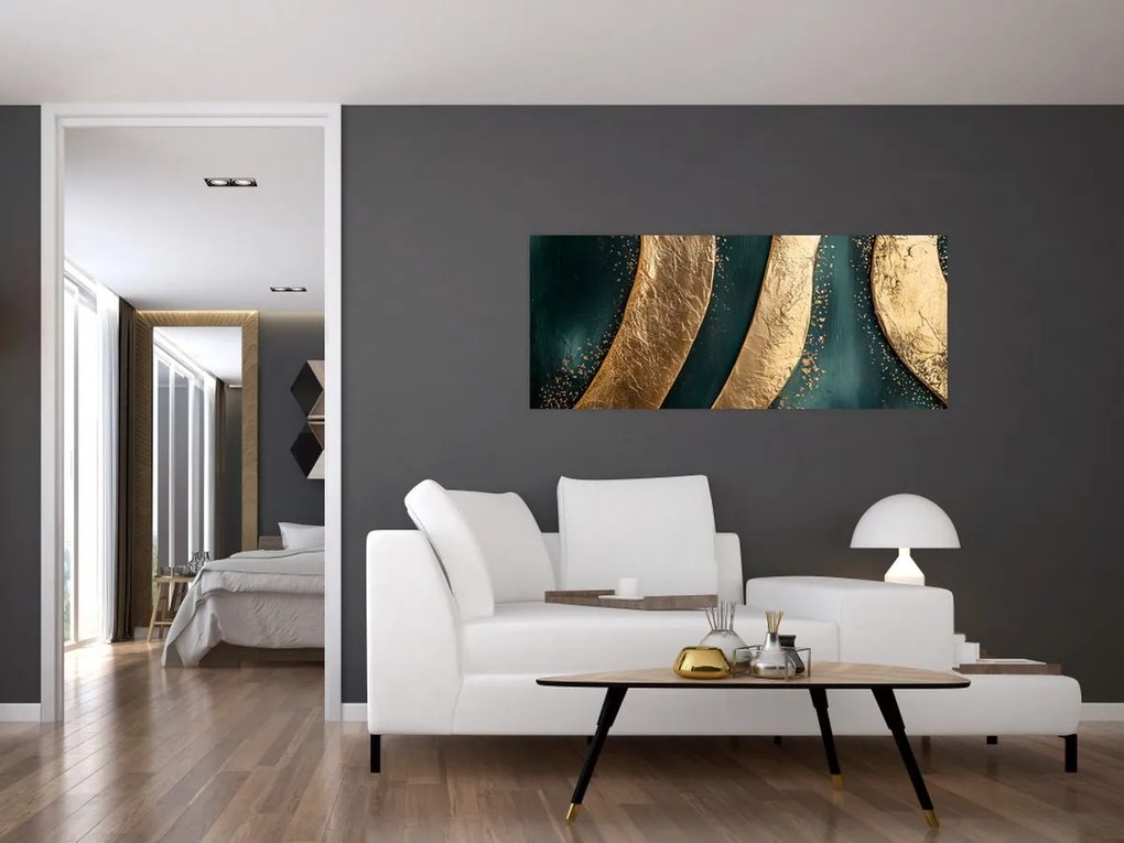 Obraz - Zelená abstrakcia so zlatom I. (120x50 cm)