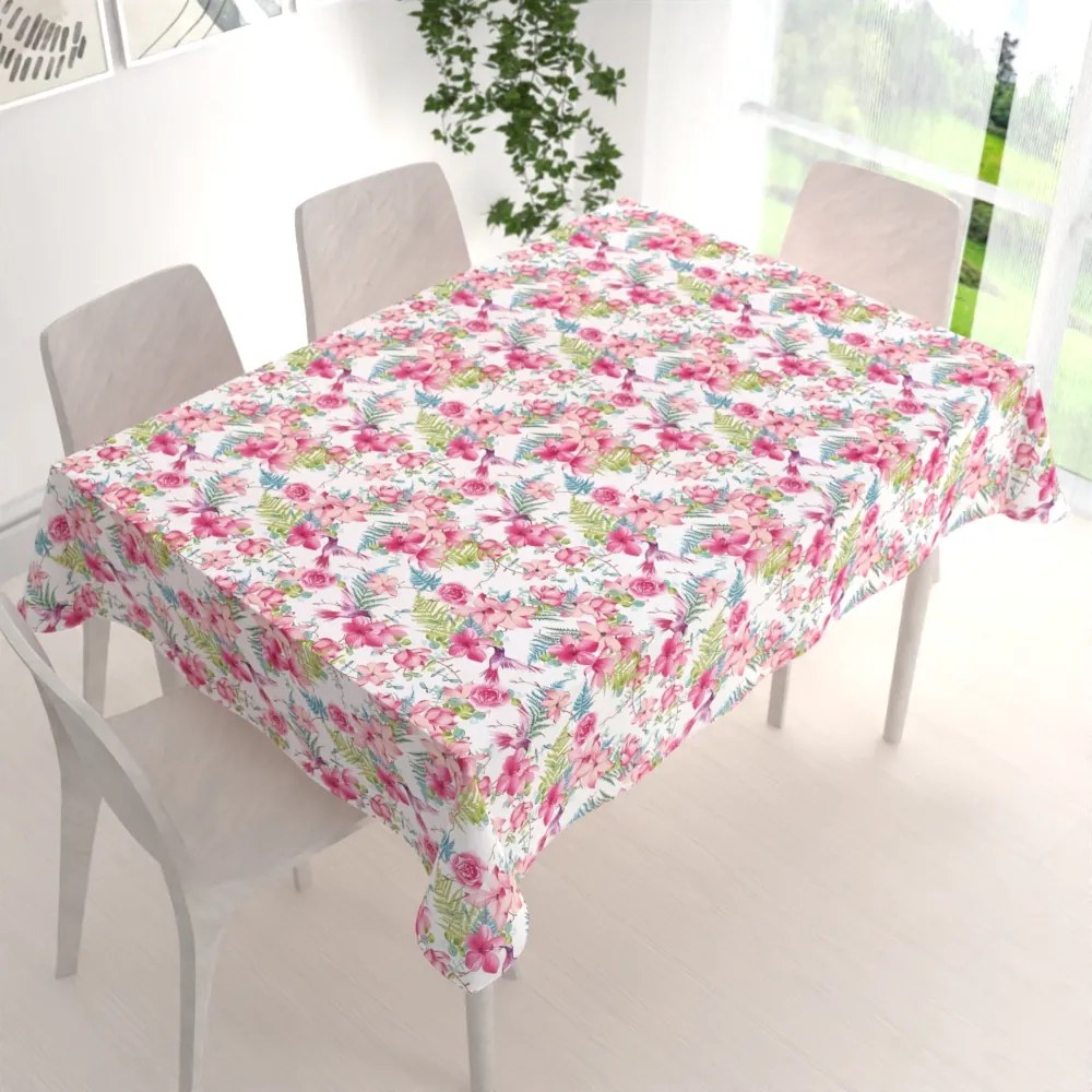 Biante Bavlnený obdĺžnikový obrus Sandra SA-493 Kolibríky s ružovými kvetmi na bielom 140x200 cm