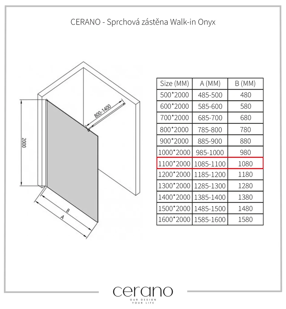 CERANO - Sprchová zástena Walk-in Onyx Ľ/P - guľatá vzpera - chróm, ryhované sklo - 110x200 cm, CER-CER-8050BD317