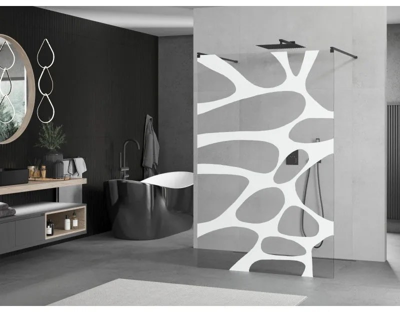 Mexen Kioto, priechodná sprchová zástena 120 x 200 cm, 8mm sklo číre/biely vzor, 2x čierna stabilizačná rozpera, 800-120-002-70-97