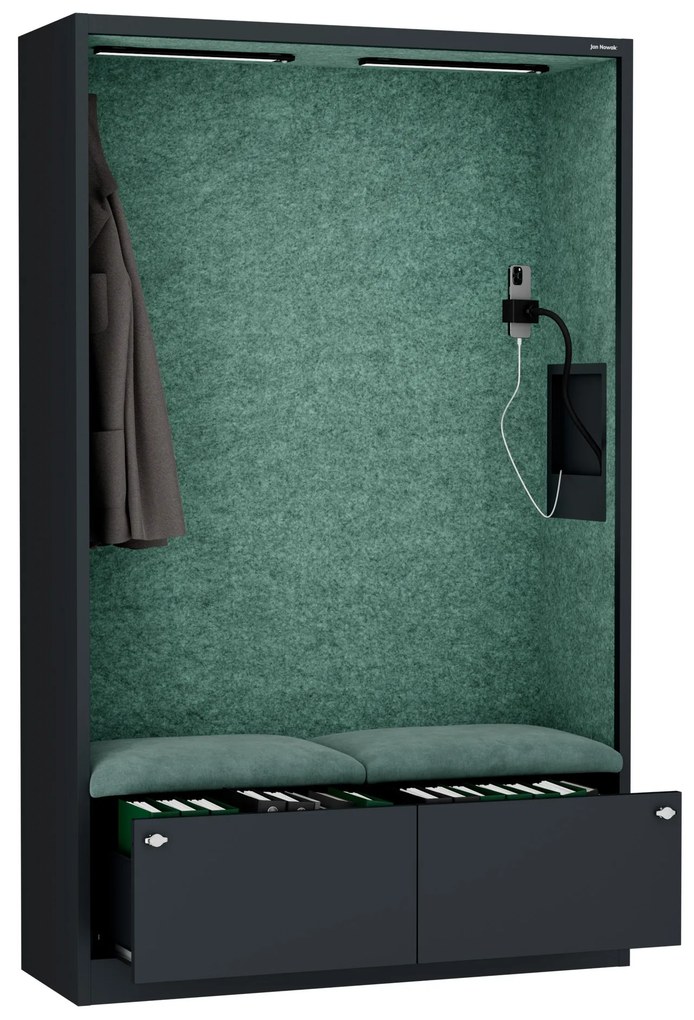 Kancelárska akustická kabína so sedadlom a portom USB-C, telo v antracitovej farbe / sedadlo v zelenej farbe, 1150 mm: SALLY MentalBox