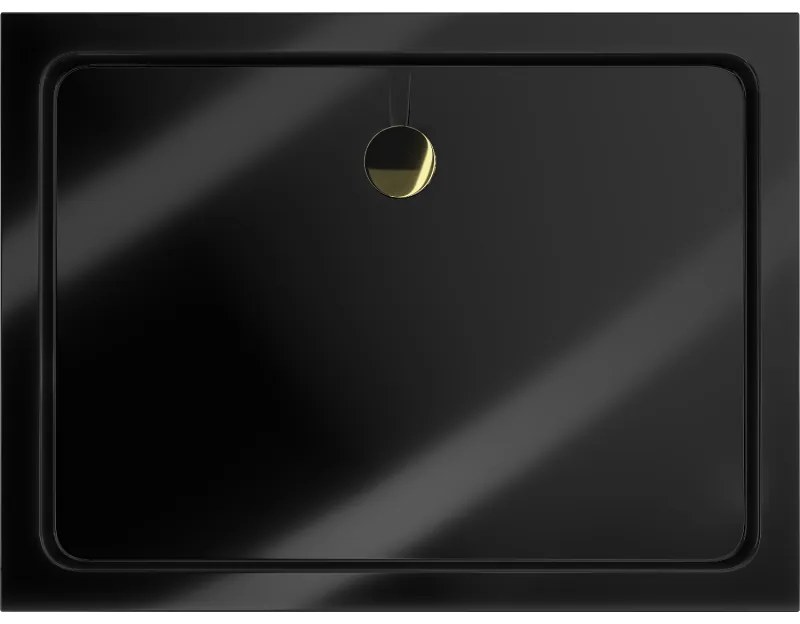Mexen SLIM - Obdĺžniková sprchová vanička 140x100x5cm + zlatý sifón, čierna, 40701014G
