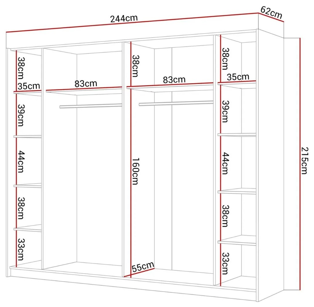 Šatníková skriňa s posuvnými dverami MARION biela ZRKADLÁ 244 x 215 x 62