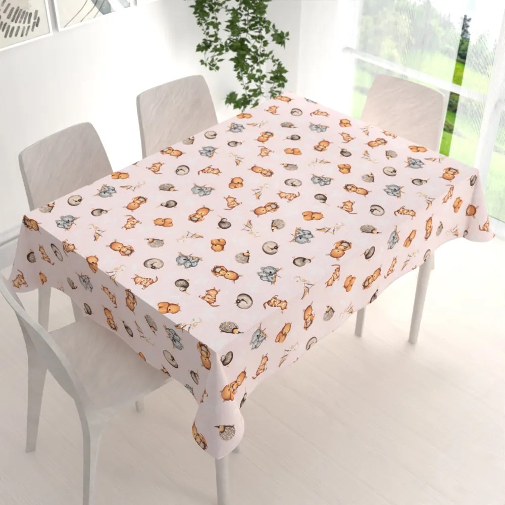 Biante Detský bavlnený obdĺžnikový obrus Sandra SA-533 Austrálske zvieratká na ružovom 60x100 cm