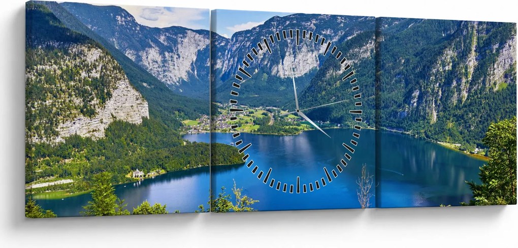 Obraz - Halštatské jazero, Hallstatt, Rakúsko (s hodinami) (90x30 cm)