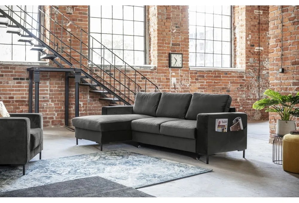 Tmavosivá zamatová rozkladacia rohová pohovka Miuform Lofty Lilly, ľavý roh