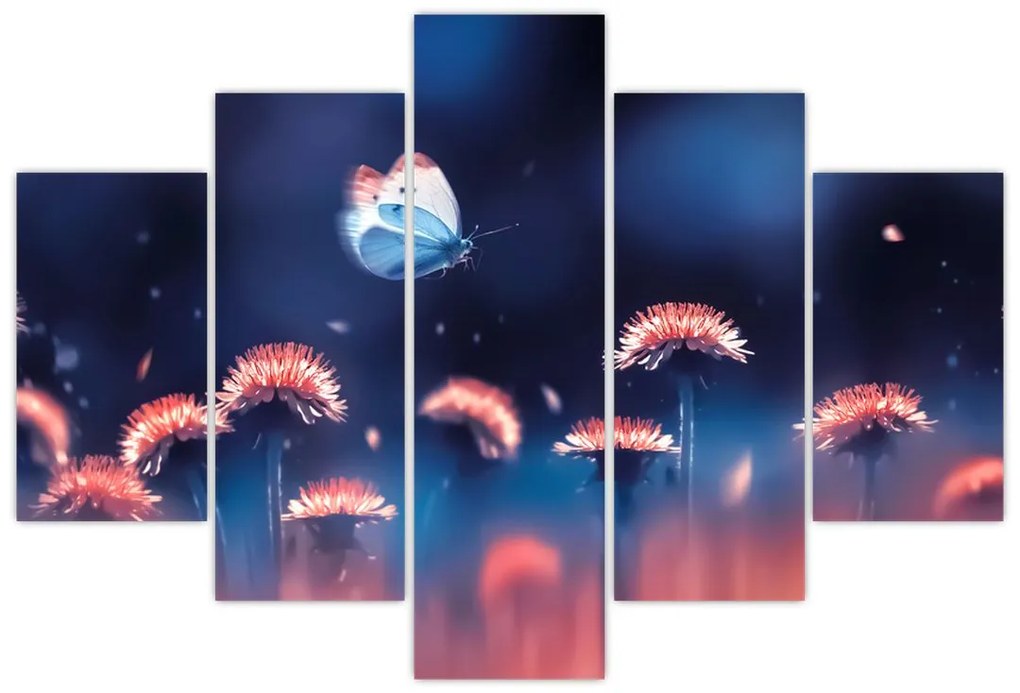 Obraz púpav s modrým motýľom (150x105 cm)