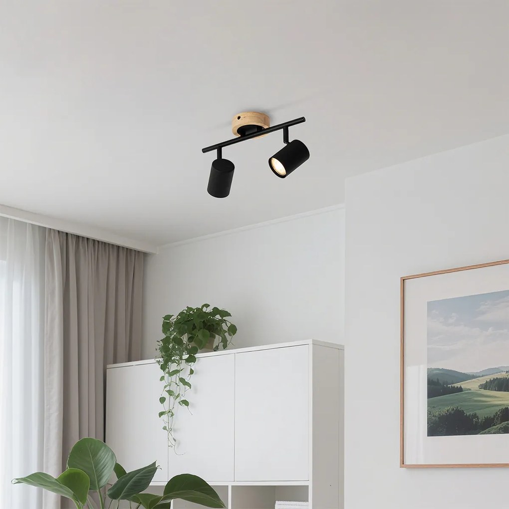 Moderné bodové svetlo čierne s dreveným sklonom 2-žiarovkové - Jeana