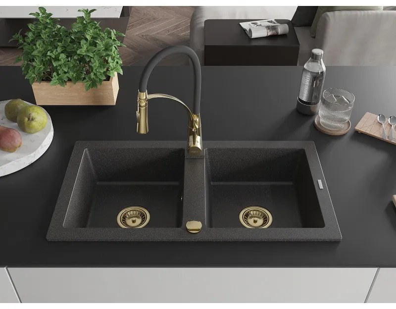 Mexen Mario, granitový drez 820x436x161 mm, 2-komorový a drezová batéria Aster, čierna škvrnitá, 6504-76-73450-57-G