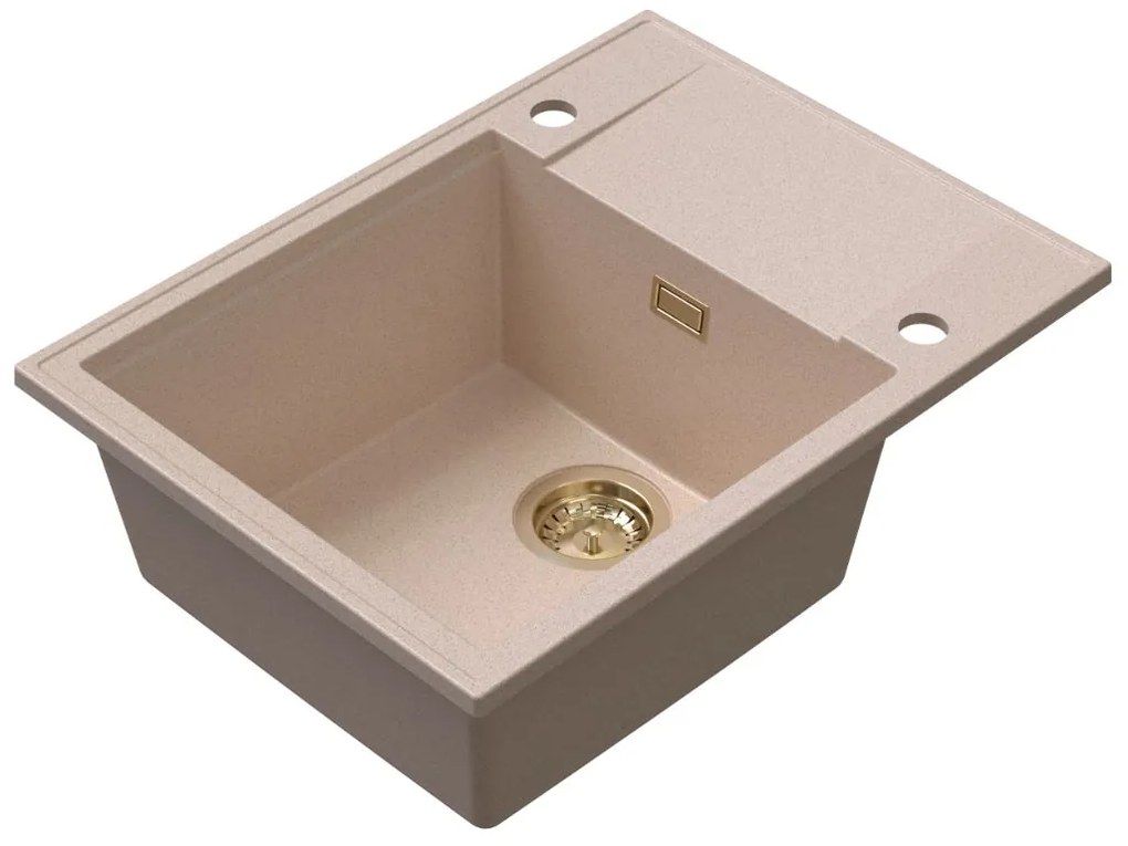 Sink Quality Sink55, kuchynský granitový drez 620x460x215 mm + zlatý sifón, béžová, SKQ-SINK.P.1KKO.XG