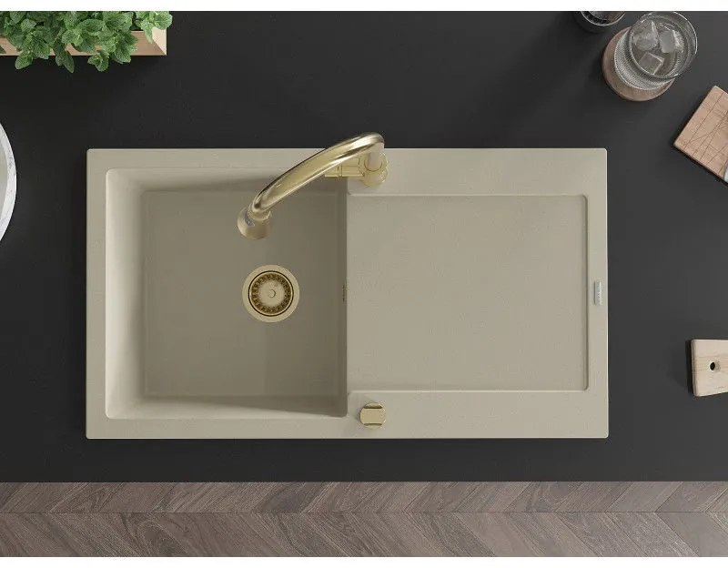 Mexen Leo, 1-komorový granitový drez 900x500x190 mm a drezová batéria Elia, béžová, 6501-69-670101-50