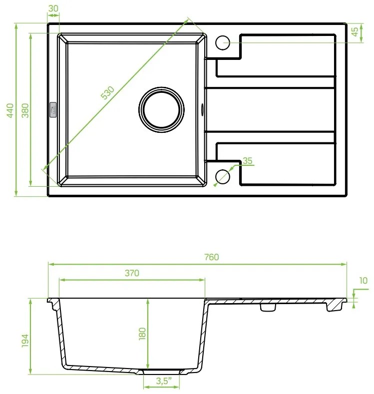 Laveo Barbados, 1-komorový granitový drez 760x440x194 mm, béžová, LAV-SBB_411T