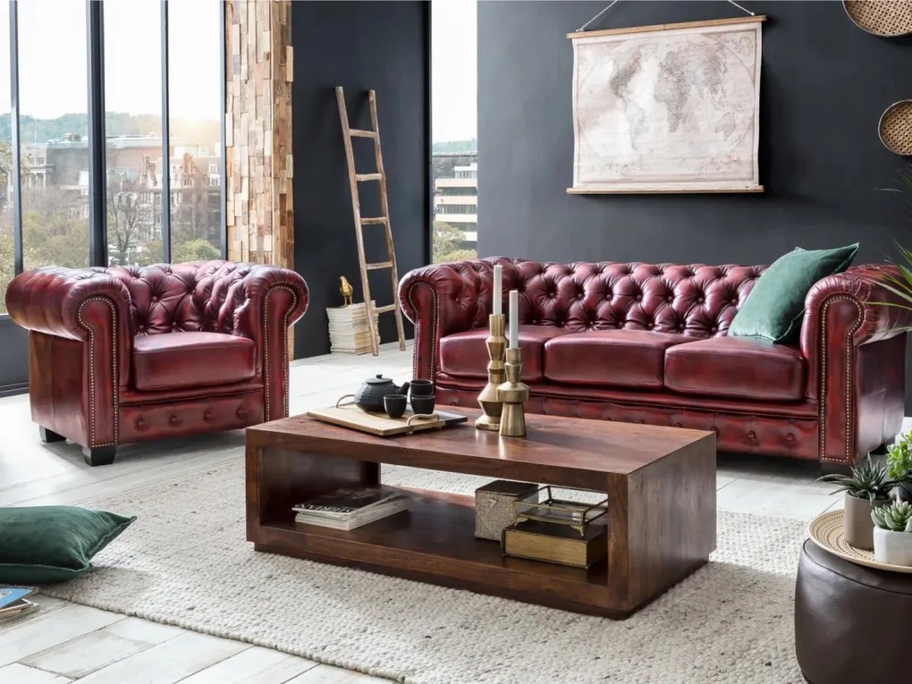 furniture-nabytek.cz - Třímístná pohovka Chesterfield z pravé kůže, červená – 200×90×72 cm
