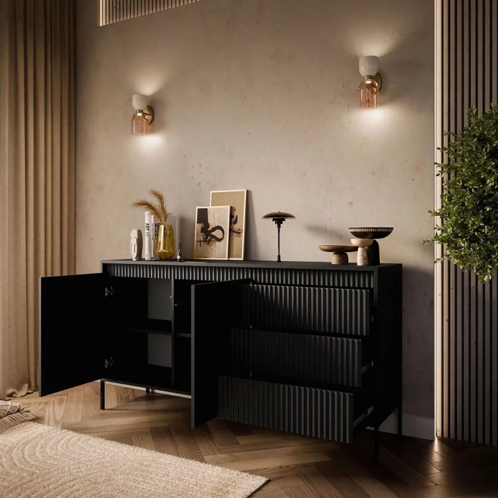 KOMODA RAYMOND 2D3S SO ŠUPLÍKMI ČIERNA MATNÁ 153 cm