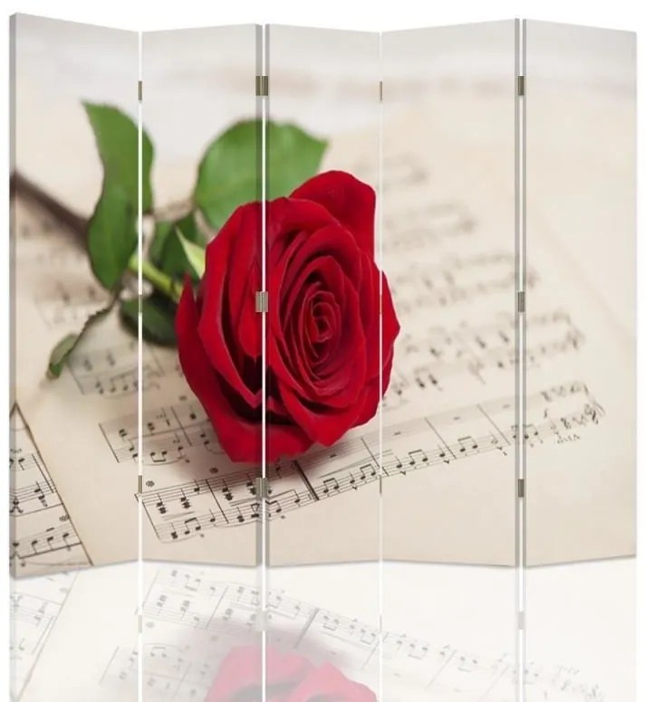 Ozdobný paraván Červená růže květ hudby - 180x170 cm, päťdielny, klasický paraván