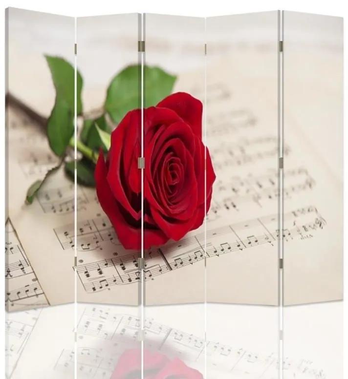 Ozdobný paraván Červená růže květ hudby - 180x170 cm, päťdielny, obojstranný paraván 360°