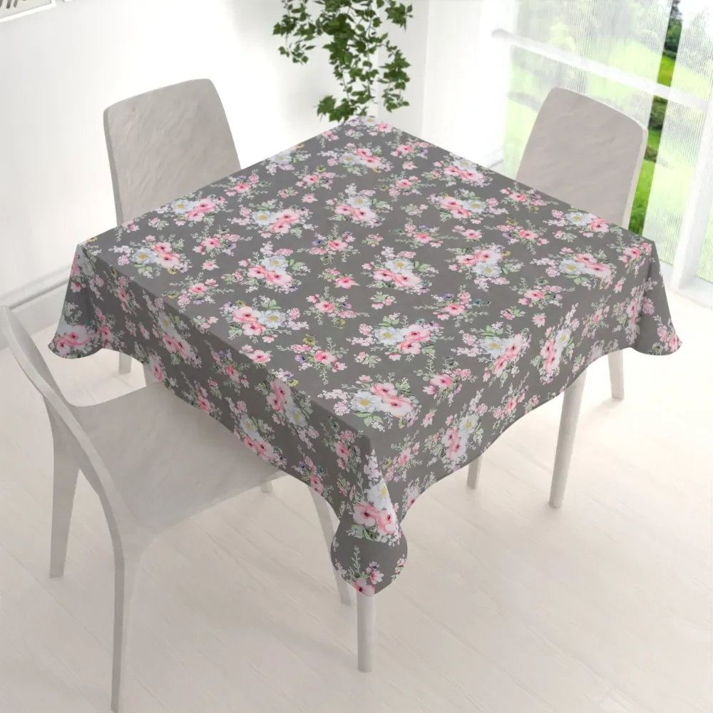 Biante Bavlnený štvorcový obrus Sandra SA-553 Ružové kvety na sivom 140x140 cm
