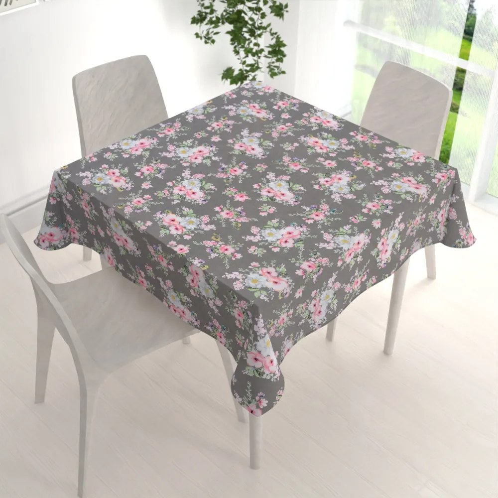 Biante Bavlnený štvorcový obrus Sandra SA-553 Ružové kvety na sivom 80x80 cm