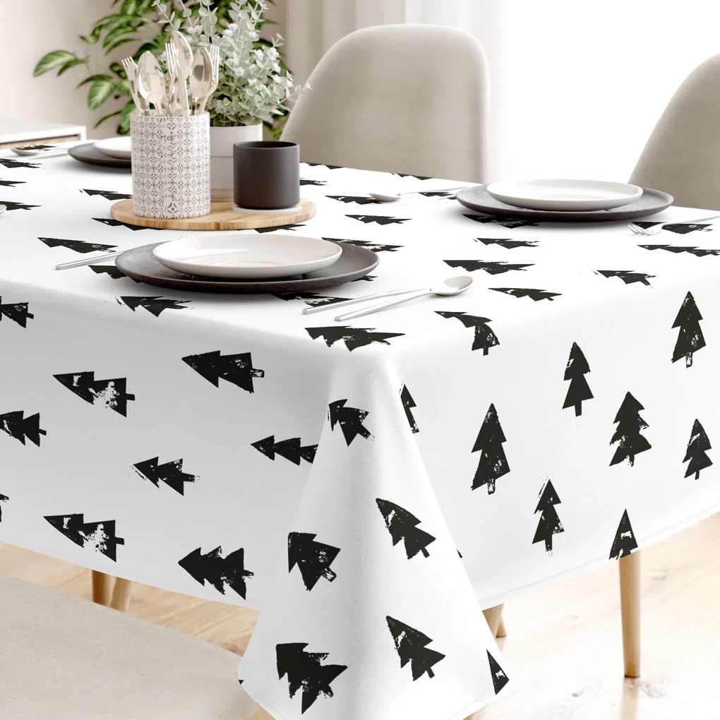 Goldea hranatý obrus 100% bavlnené plátno - čierne stromčeky na bielom 50 x 100 cm