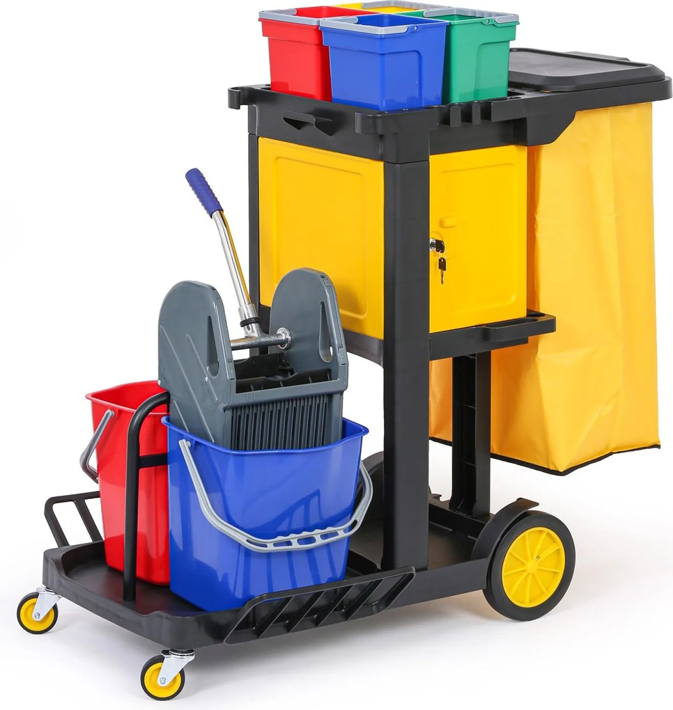 Profesionálny upratovací vozík so 6 vedrami, držiakmi mopov, skrinkou a vrecom s vekom, 1120 × 710 × 1100 mm