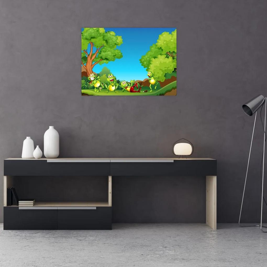 Sklenený obraz - Veselí žabiaci (70x50 cm)