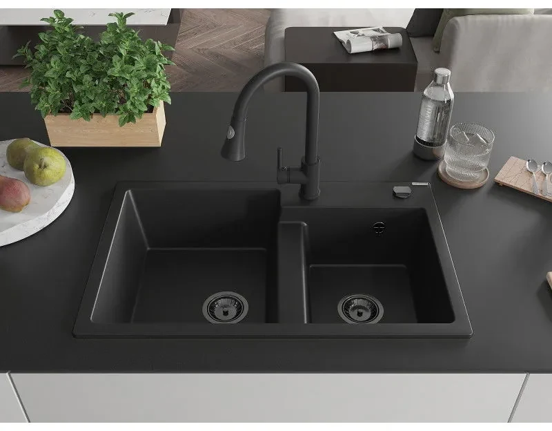 Mexen Tomas, 2-komorový granitový drez 800x500x190 mm a drezová batéria Elia, čierna, 6516-77-670101-70-B