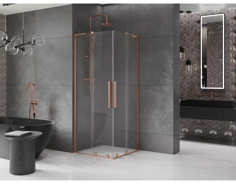 Mexen Velar L Duo, sprchový kút s posuvnými dverami 90 x 90 cm, 8mm číre sklo, medená matná, 871-090-090-02-03-65