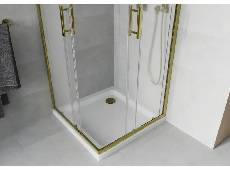 Mexen Rio, štvorcový sprchovací kút s posuvnými dverami 90(dvere) x 90(dvere) x 190 cm, 6mm sklo námraza, zlatý profil + biela sprchová vanička SLIM, 860-090-090-50-30-4010G
