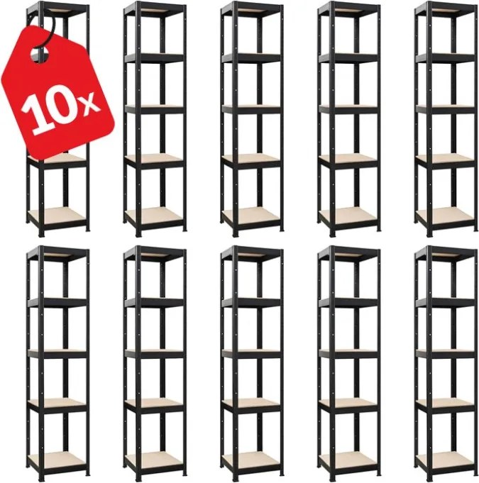 Akcia 10x Regál 180x40x40 cm lakovaný 5-policový, nosnosť 875 kg - čierny