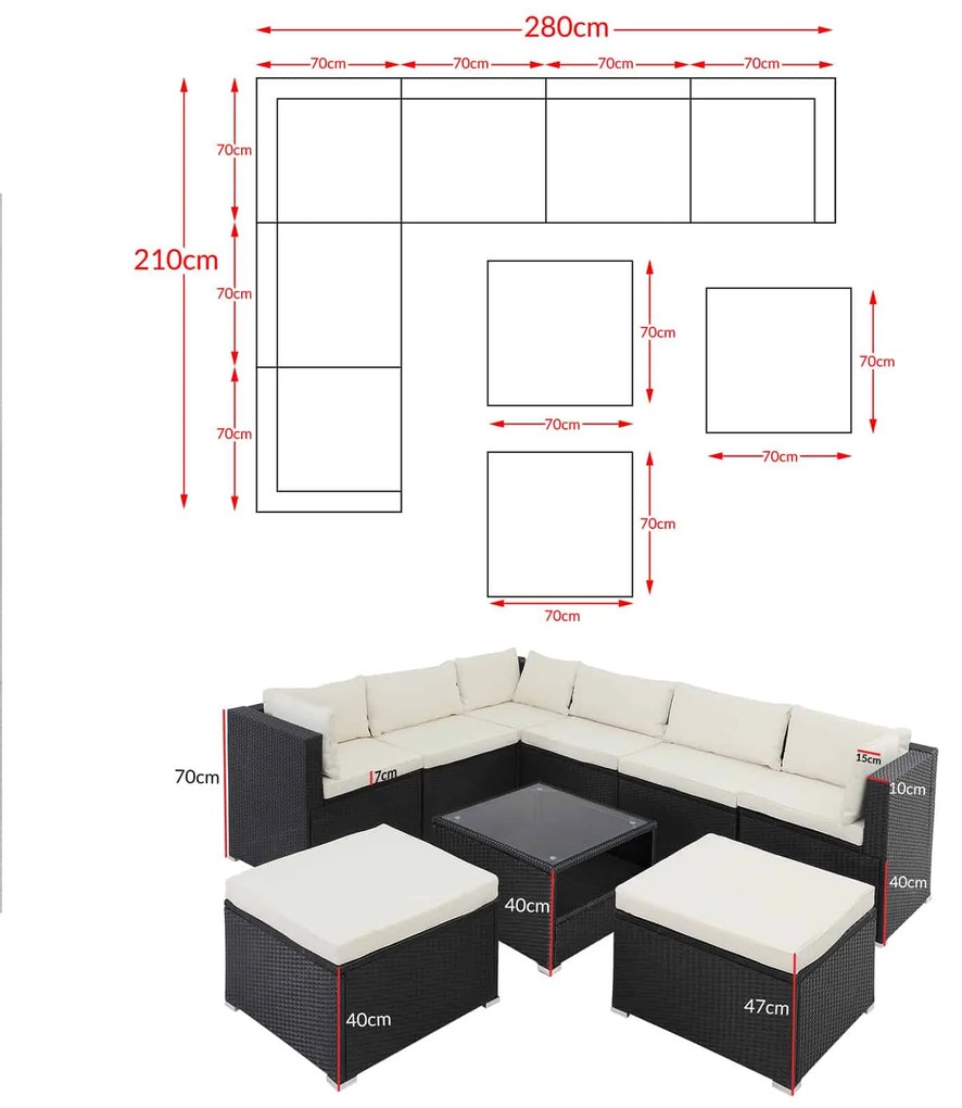 InternetovaZahrada Záhradný ratanový set XXL - čierna/krémové podušky