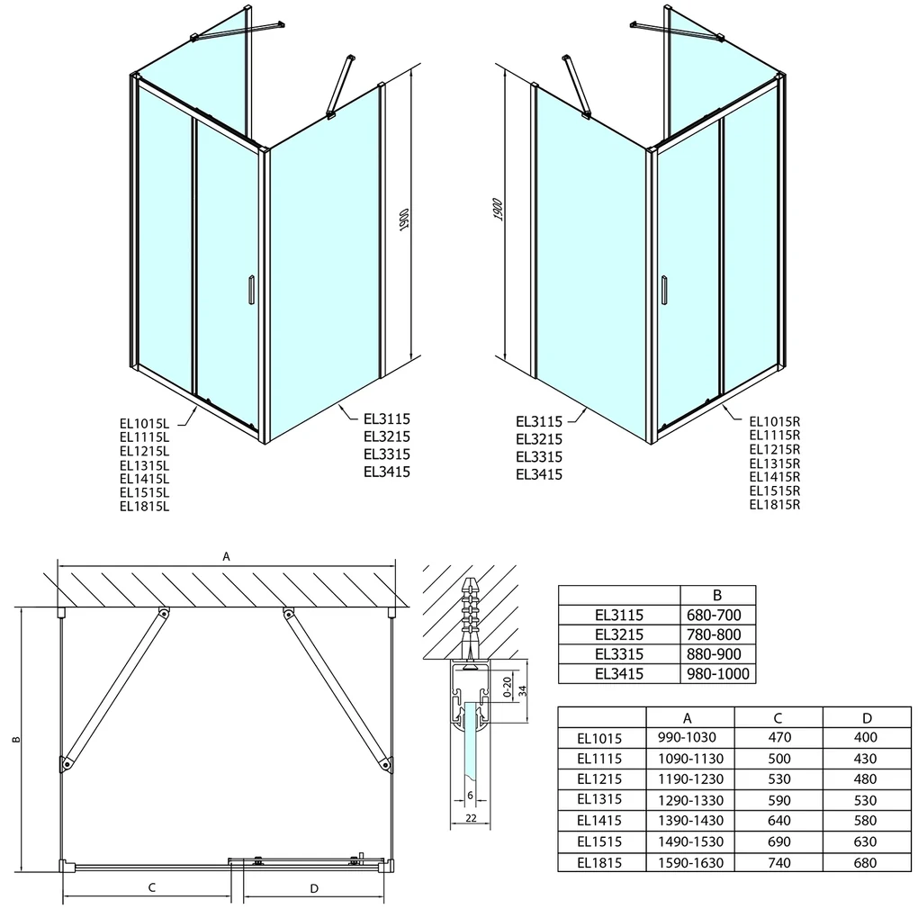 Polysan EASY, 3-stenový sprchový kút 1500x800mm, L/P varianta, číre sklo, EL1515EL3215EL3215