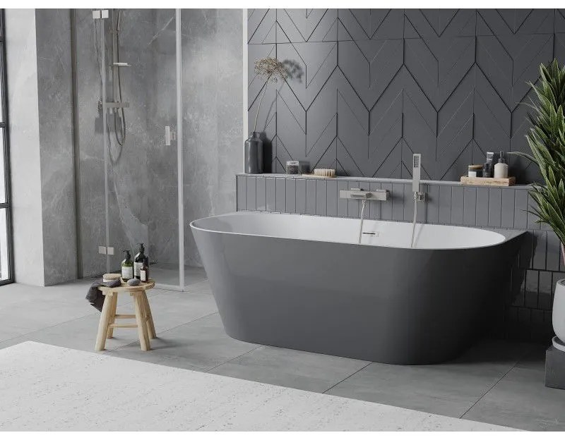 Mexen Oval Slim, voľne stojaca vaňa ku stene, 170 x 80 cm, biela-šedá, oceľový prepad, 52661708062-97