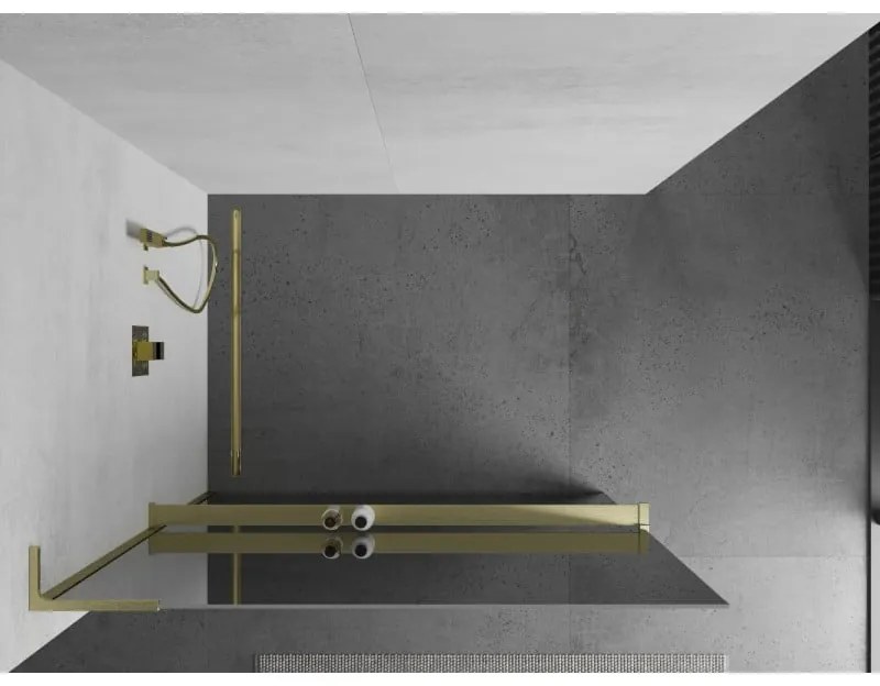 Mexen Kioto+ L, sprchová zástena Walk-In s poličkou a vešiakom 90 x 200 cm, 8mm sklo vzor zrkadlo, zlatý matný profil, 800-090-123-55-50