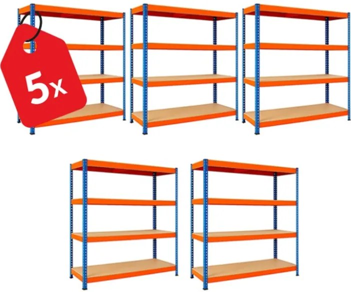 Akcia 5x Regál 168x160x40 cm profesionálny 4-policový, nosnosť 1200 kg - modro-oranžový