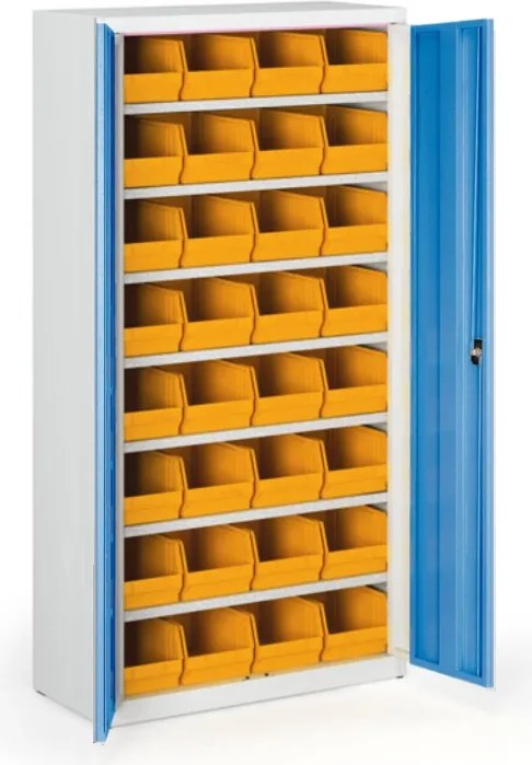 Skriňa s plastovými boxami BASIC - 1800 x 400 x 920 mm, 32xC, sivá / modré dvere