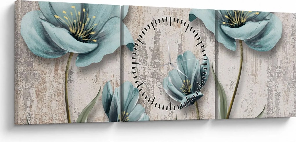 Obraz - Kvety na textúre (s hodinami) (90x30 cm)