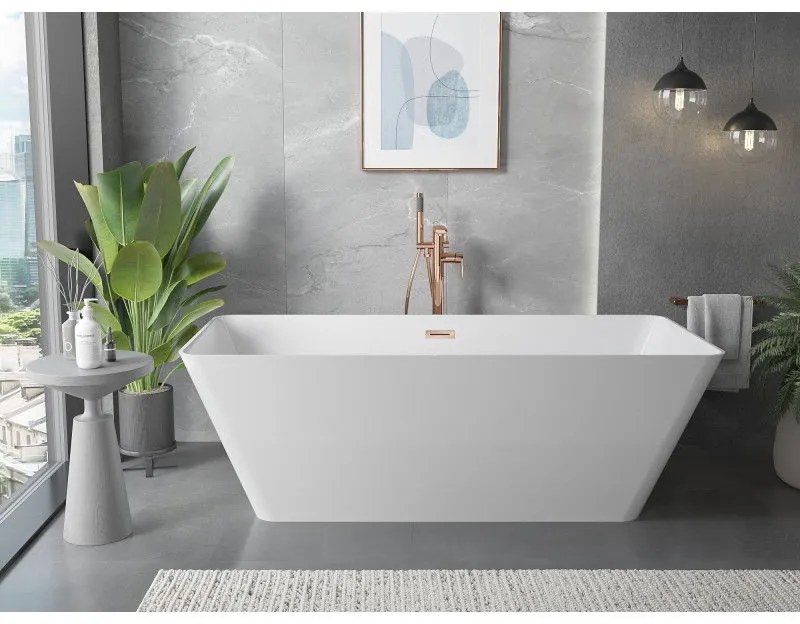 Mexen Velo Slim, voľne stojaca vaňa 170 × 75 cm, biela lesklá, ružové zlato prepad, 52811707500-60