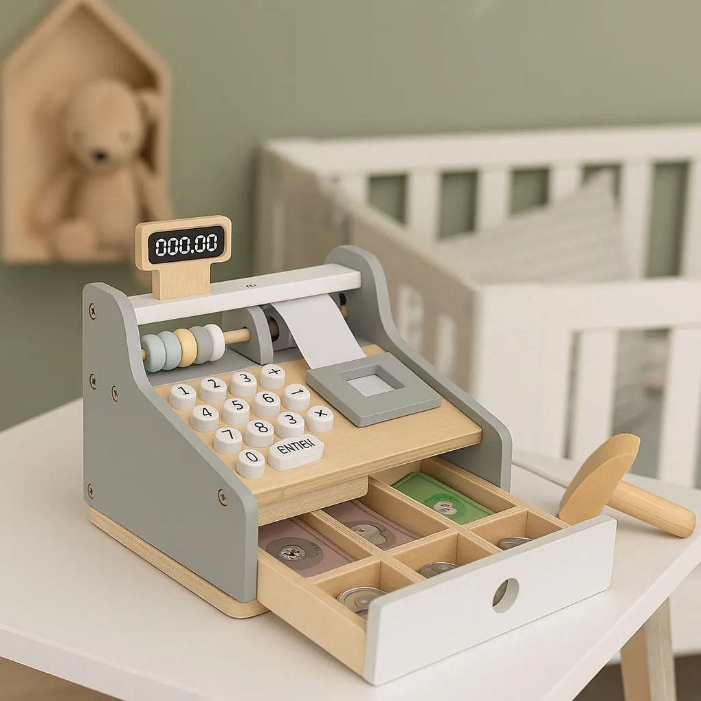 Dřevěná dětská pokladna ECOTOYS se skenerem a platebním terminálem