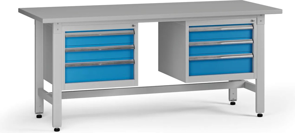 Výškovo nastaviteľný dielenský stôl G5, 1800 x 750 x 800-1000 mm, 2x kontajner, 6 zásuviek, modrá