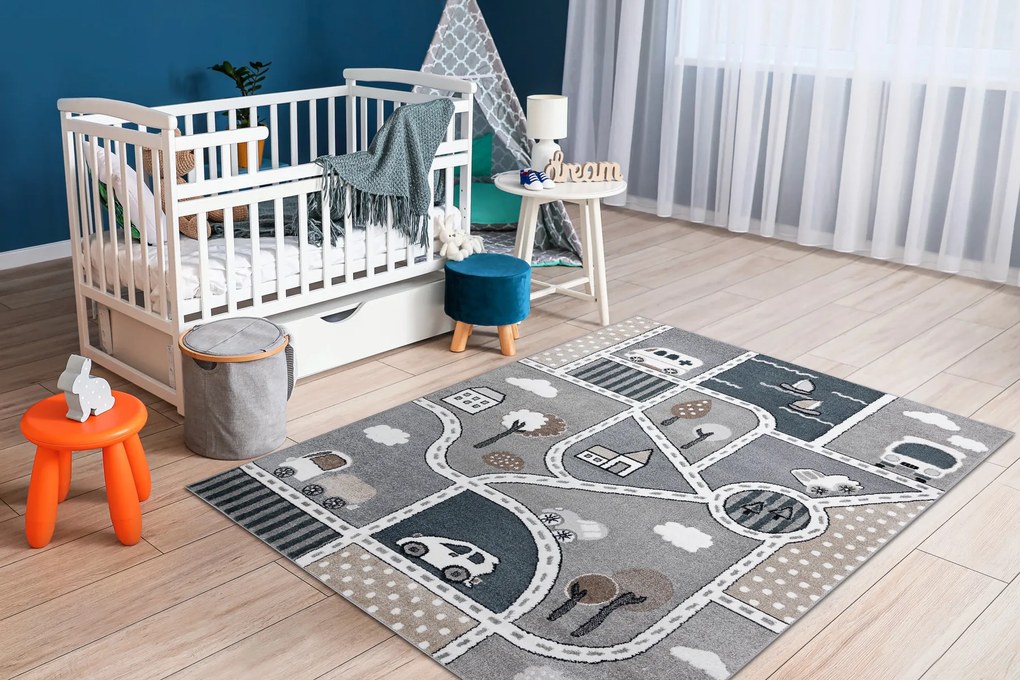 Koberec FUN Strade pre deti, ulica, mesto sivý
