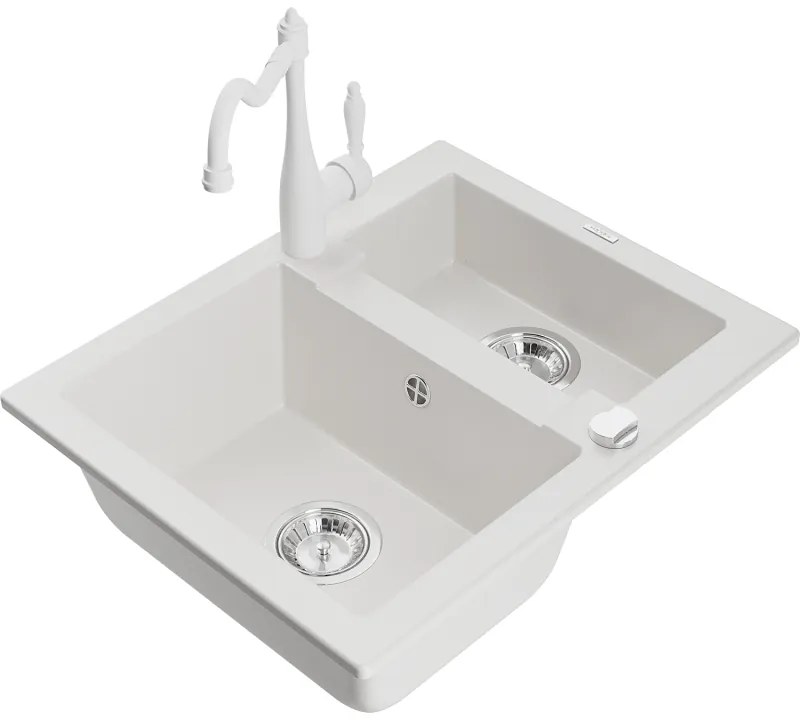 Mexen Carlos, granitový drez 582x475x177 mm, 1,5-komorový a drezová batéria Carla, biela, 6518-20-670700-20