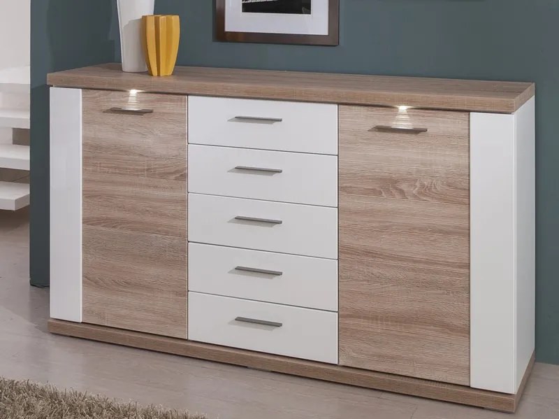 Široká komoda Caracas typ 21, dub/biely lesk, s osvetlením