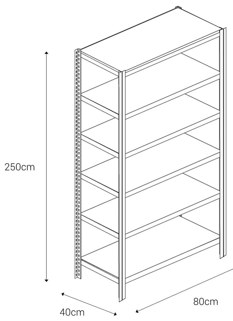 Bezskrutkový kovový regál 250x80x40cm T profil, 6 políc