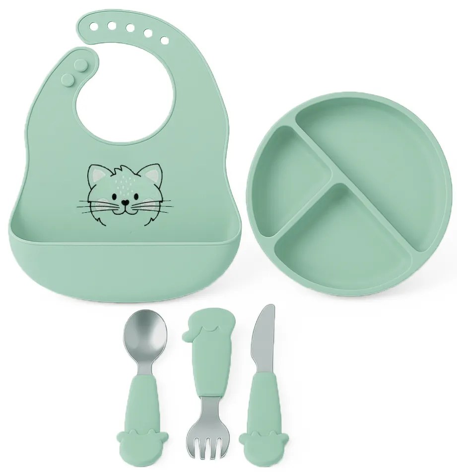 Dětský silikonový set FreeON - zelený talíř, příbor a bryndák